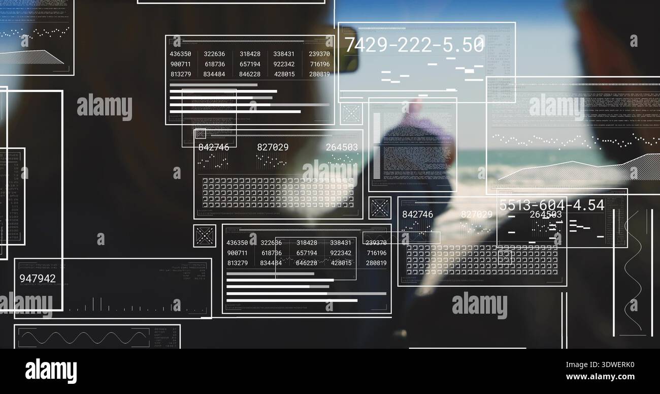 Floating data panels dominating cabin window view of sea, obscuring ...