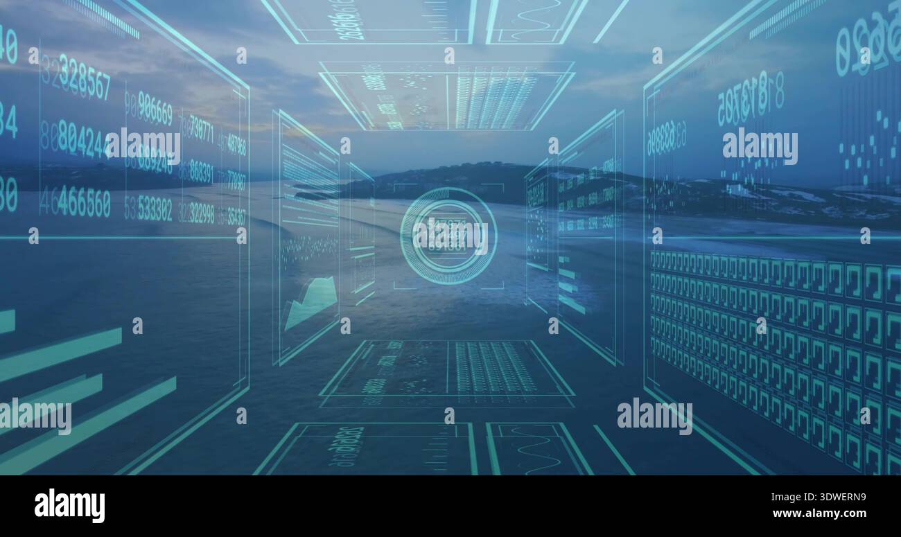 Projecting holographic panels forming tunnel over calm sea at dawn, numeric readouts pulsing Stock Photo