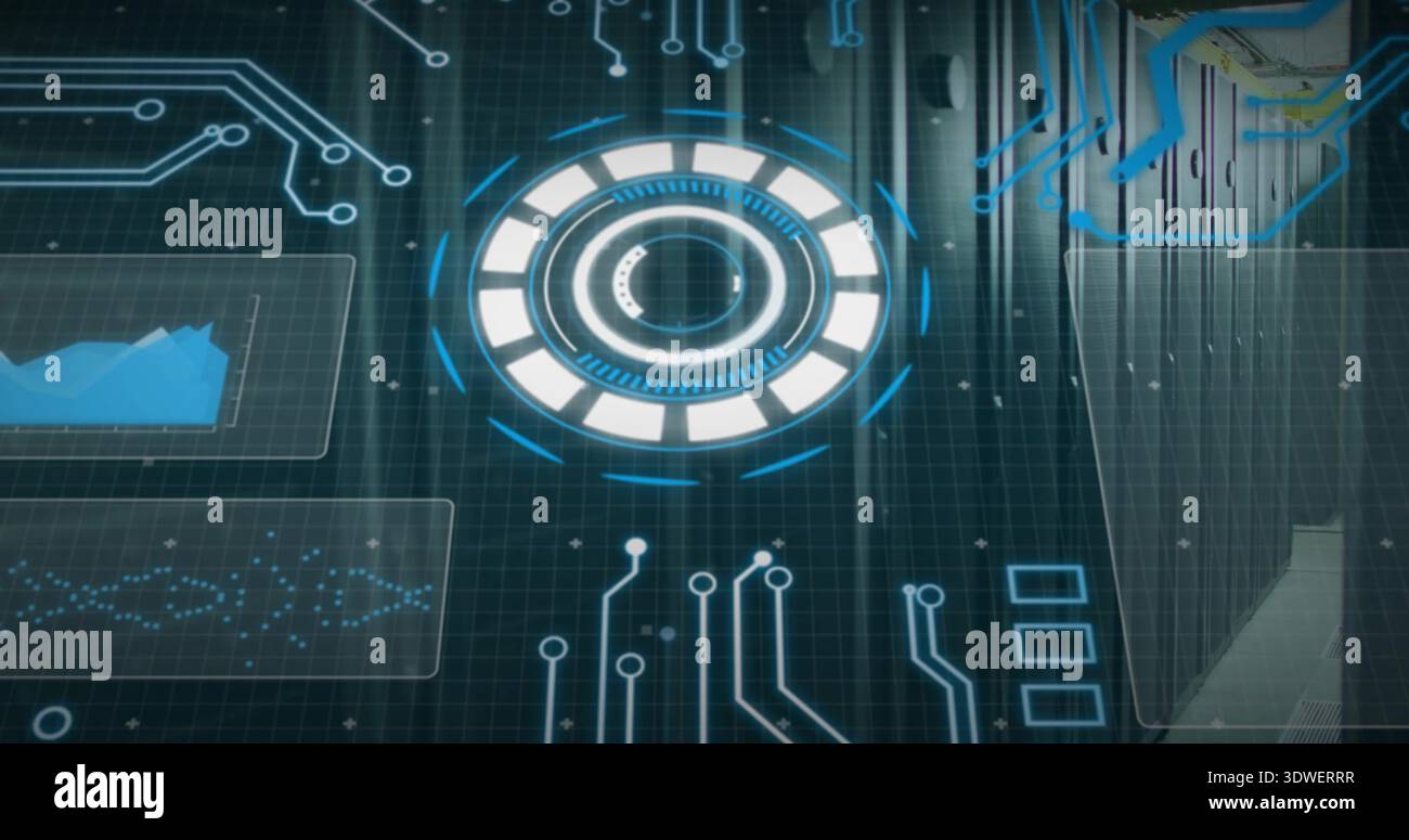 Rotating central circular HUD element casting clear data panels over server room, with server racks Stock Photo