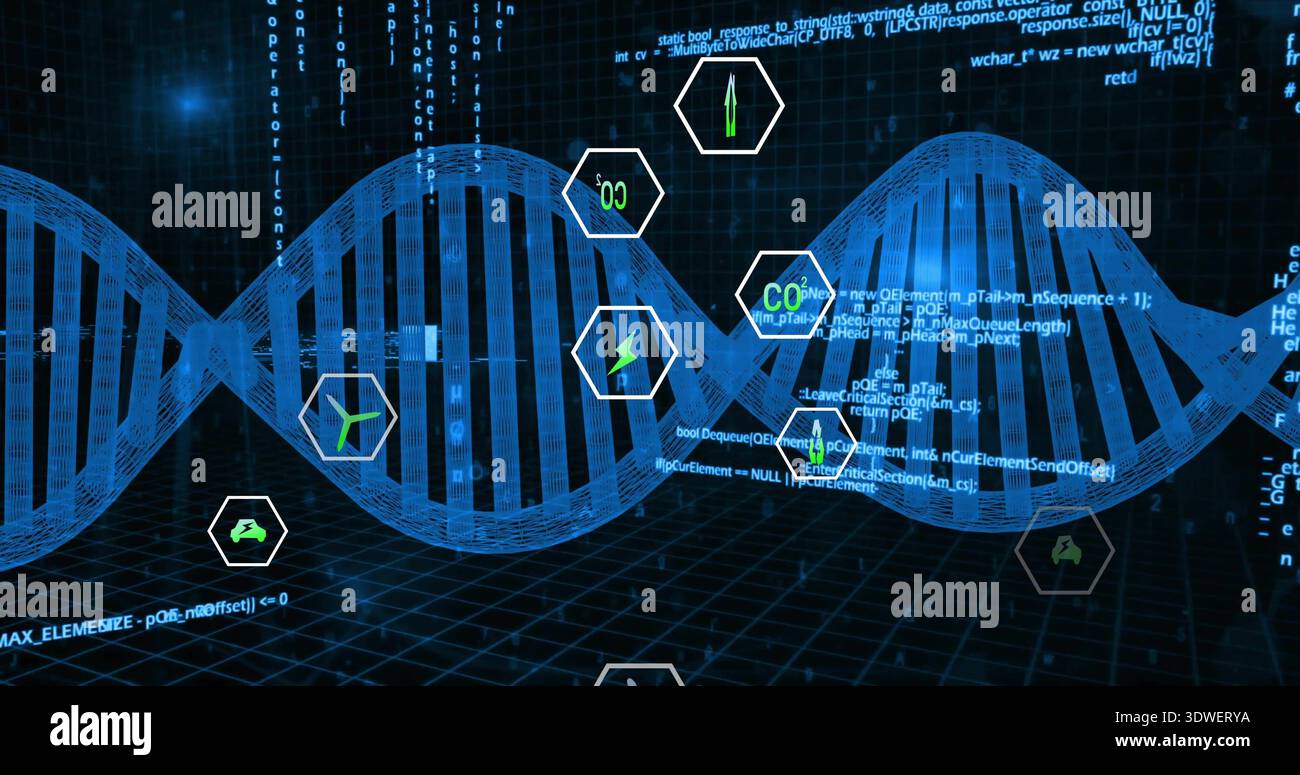 Pulsating blue double helix stretching across virtual lab, with hex icons, code text, grid Stock Photo