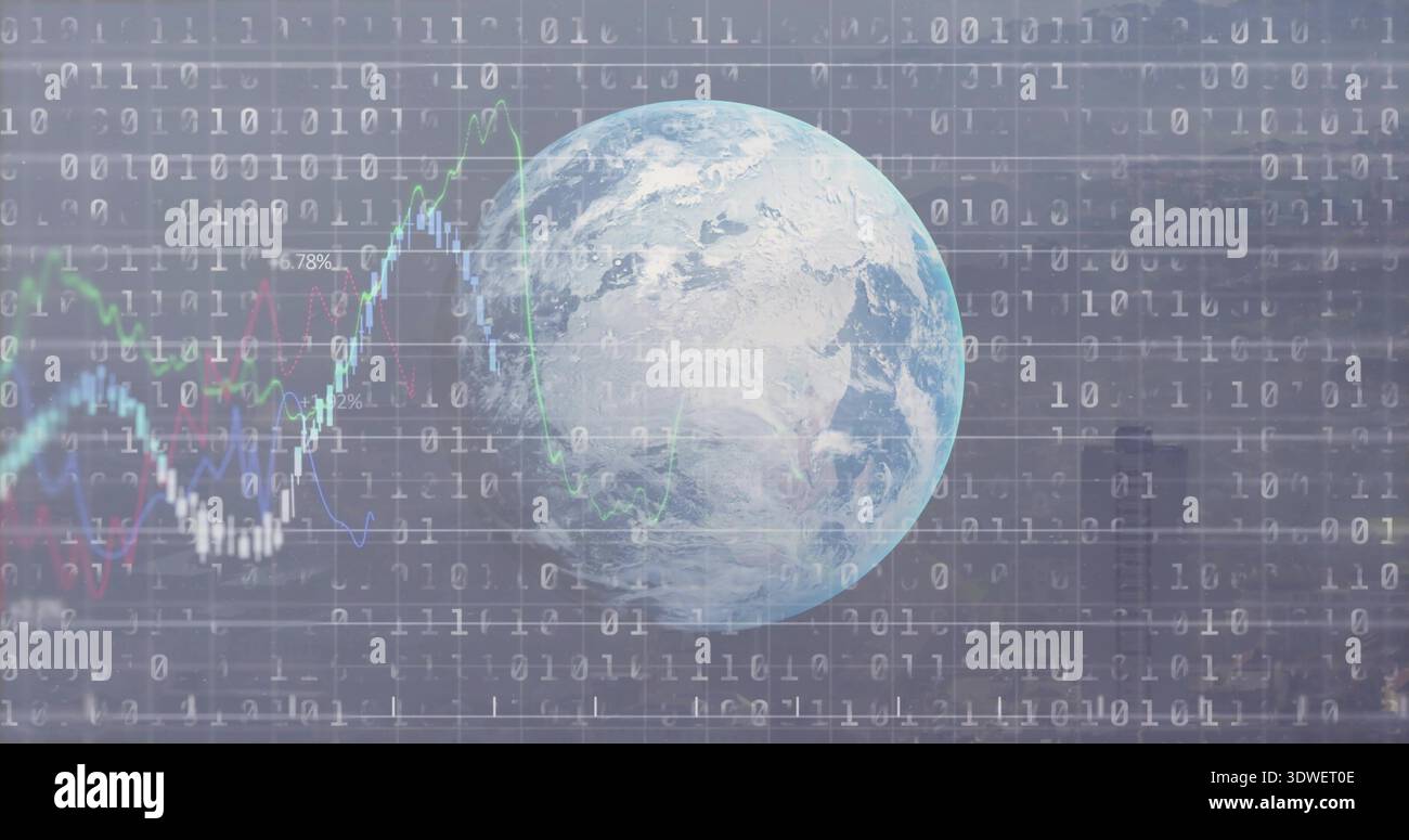 Displaying globe floating on blue backdrop, with binary code, line graphs, percent labels, skyline Stock Photo