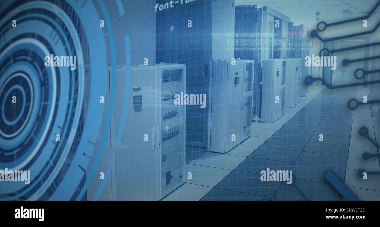 Showing row of white server cabinets receding down data center aisle, with holographic HUD overlays Stock Photo