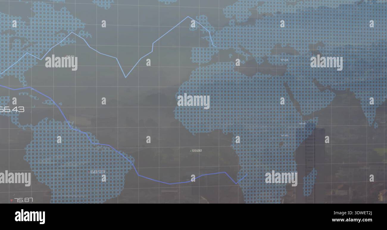 Displaying translucent dotted world map tracing blue trend line on digital display, numeric labels Stock Photo