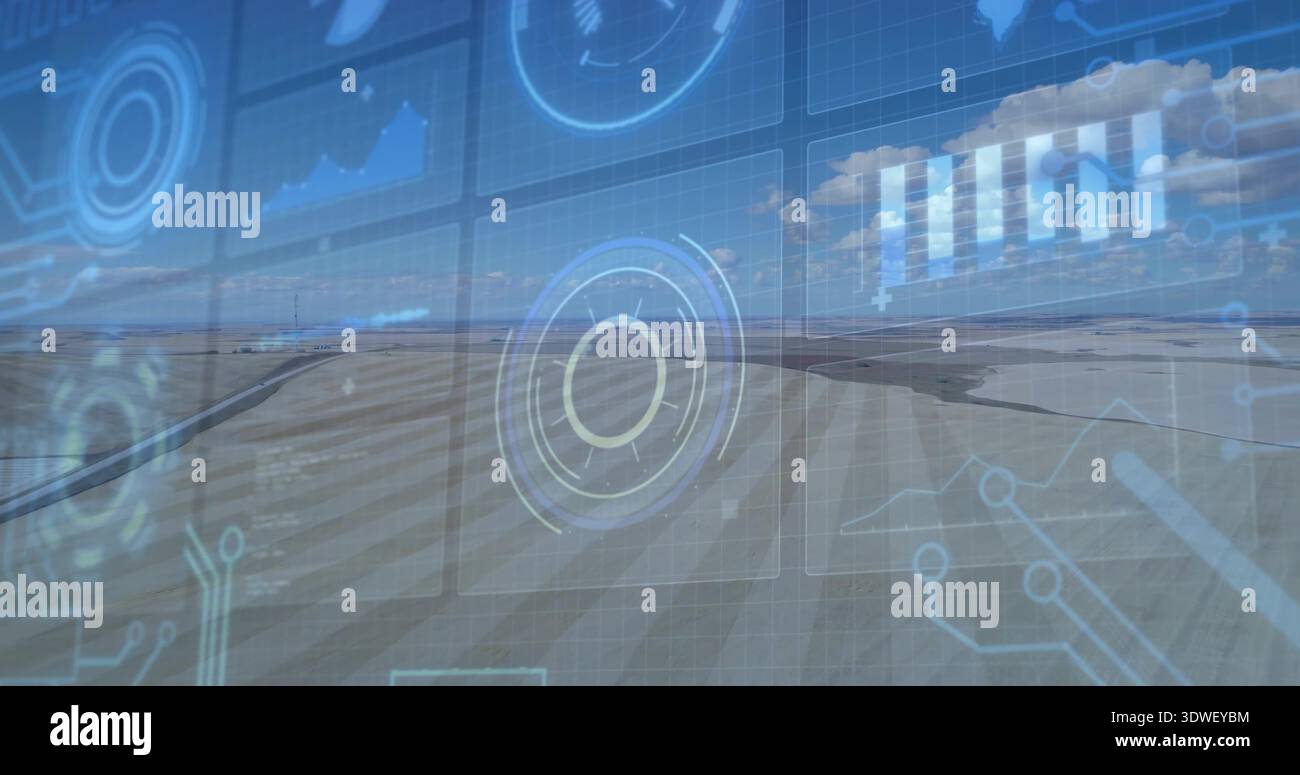 Displaying runway with blue HUD overlaying airfield tarmac, showing circular reticles Stock Photo