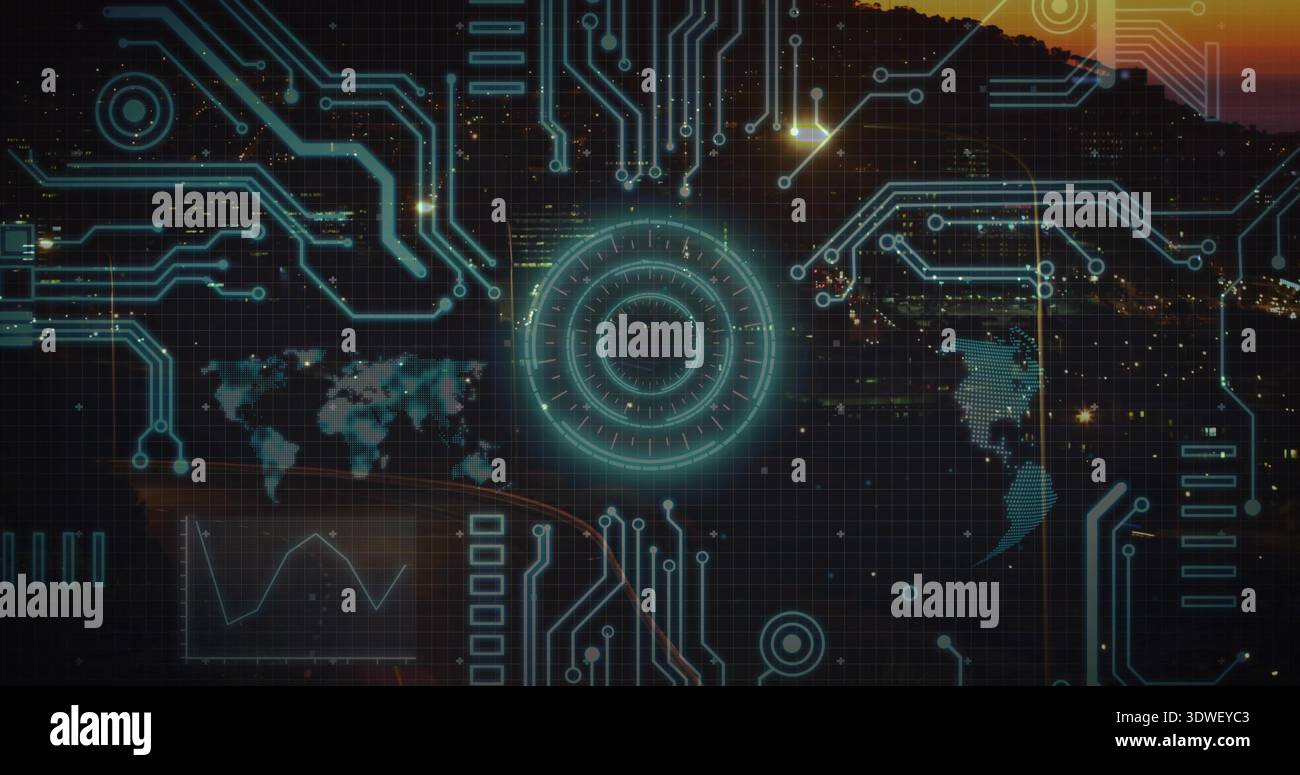Displaying central glowing circular HUD overlaying dusk city skyline, with neon teal circuits Stock Photo