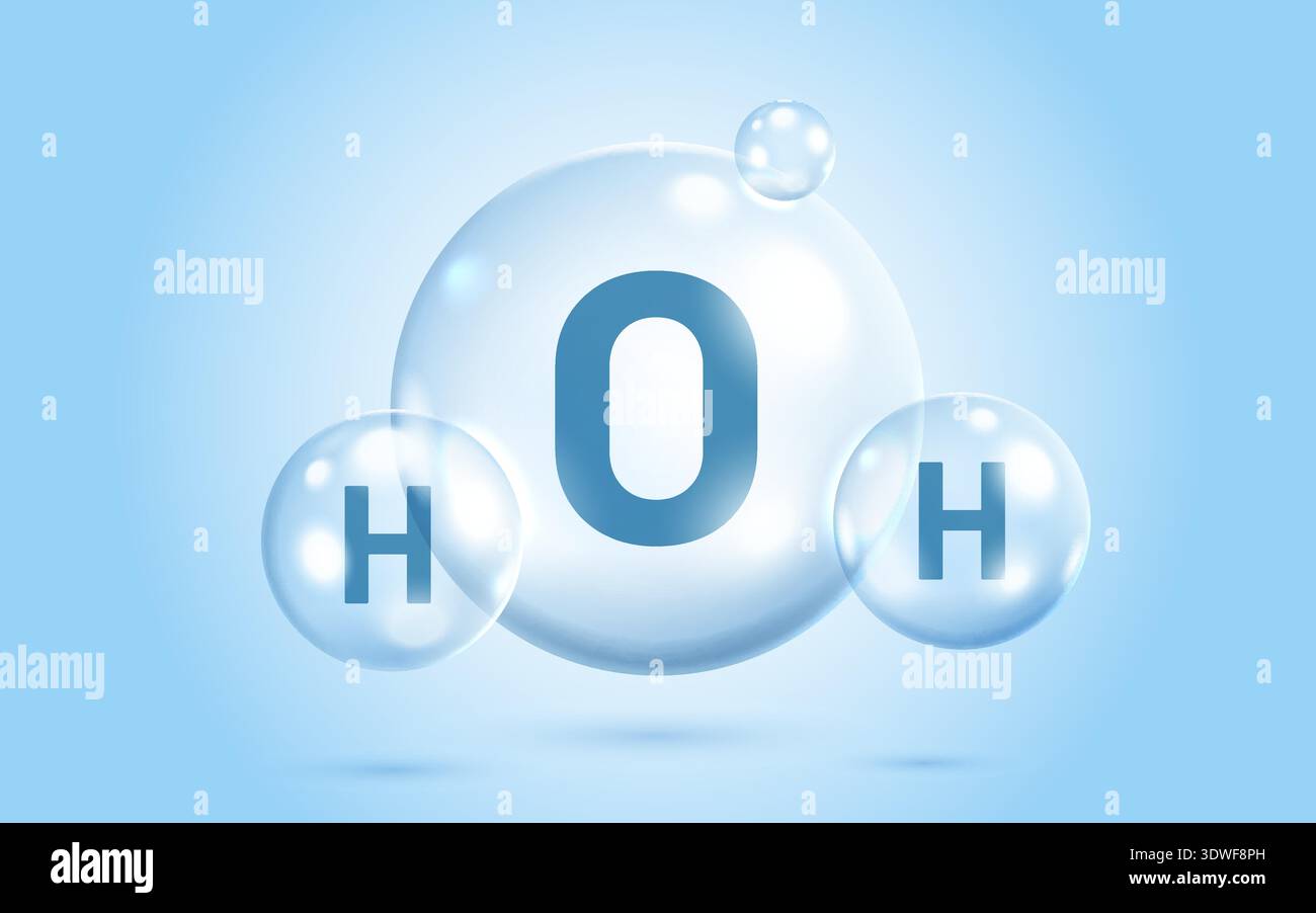 Water molecule H2O in transparent bubble structure on blue background ...