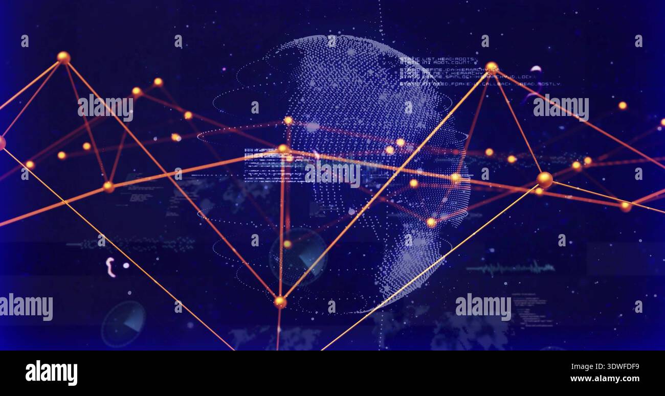 Displaying dotted globe and network mesh rotating in virtual data space, with orange nodes Stock Photo