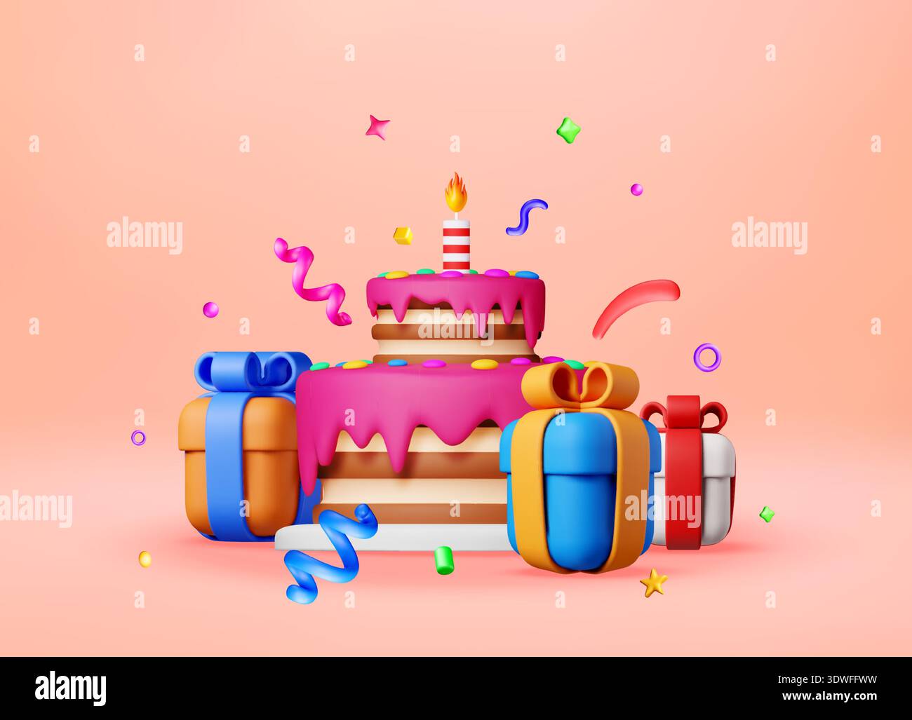 3d Layered birthday cake with gift boxes Stock Vector