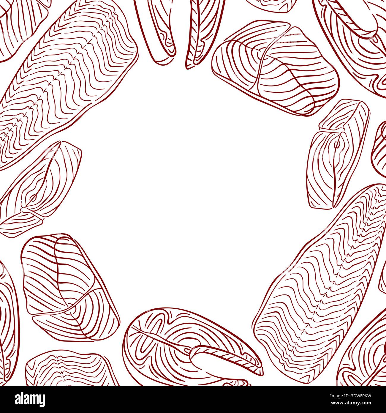 Hand drawn salmon fish frame with steak cut in line art style. Ideal for seafood store branding, restaurant menu, food packaging and culinary design. Stock Vector