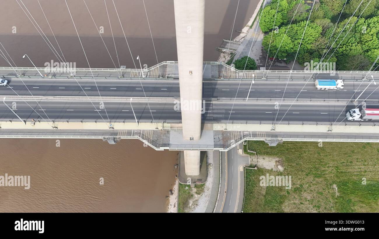 Humber Bridge Railing aerial view of Humber Bridge, A15 toll bridge. single span suspension ...