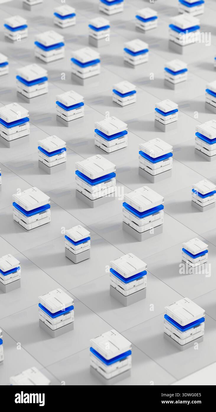 Many data servers are set up in a tech space for artificial intelligence work. They sit on a flat surface with a simple design. Stock Photo