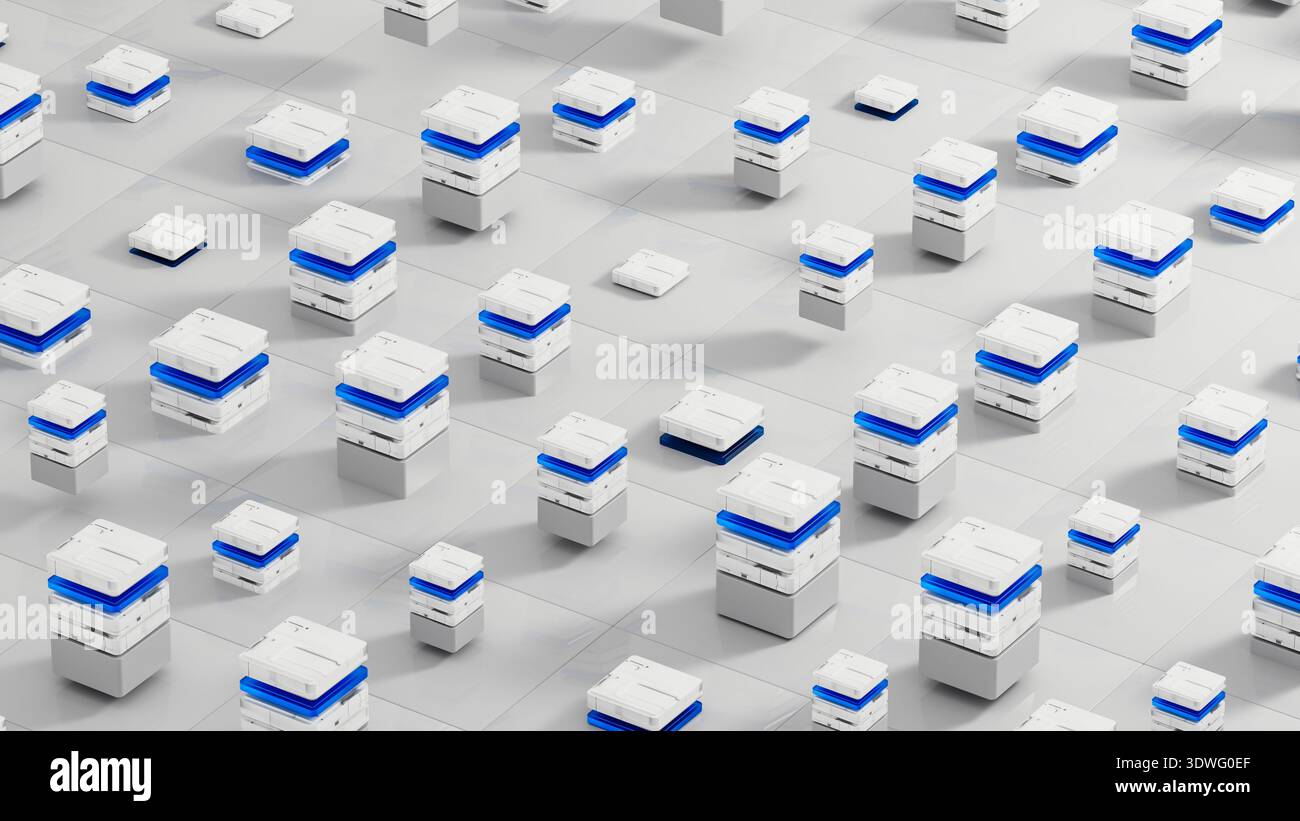 Many data servers are set up in a tech space for artificial intelligence work. They sit on a flat surface with a simple design. Stock Photo