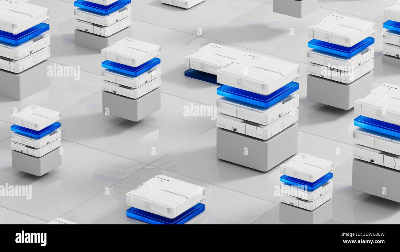 Many data servers are set up in a tech space for artificial intelligence work. They sit on a flat surface with a simple design. Stock Photo
