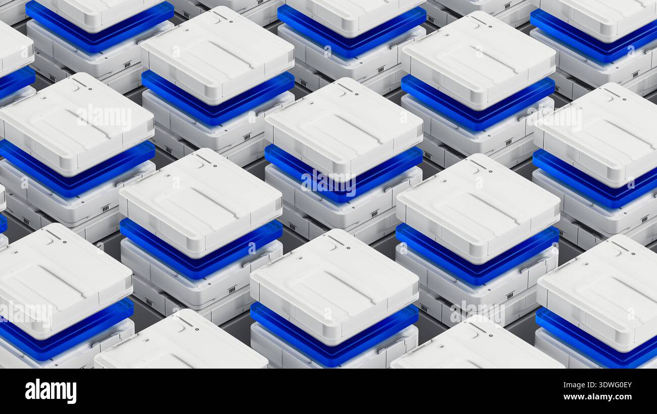 Many data servers are set up in a tech space for artificial intelligence work. They sit on a flat surface with a simple design. Stock Photo