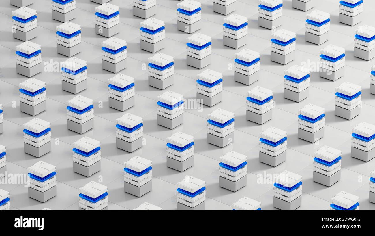 Many data servers are set up in a tech space for artificial intelligence work. They sit on a flat surface with a simple design. Stock Photo
