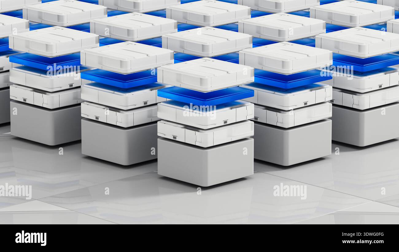 Many data servers are set up in a tech space for artificial intelligence work. They sit on a flat surface with a simple design. Stock Photo