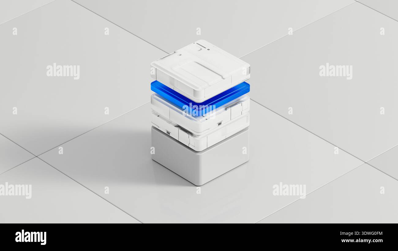 Many data servers are set up in a tech space for artificial intelligence work. They sit on a flat surface with a simple design. Stock Photo