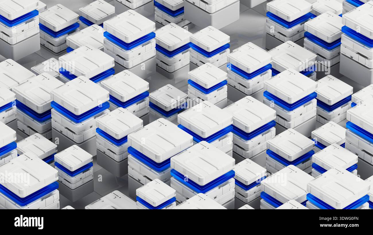 Many data servers are set up in a tech space for artificial intelligence work. They sit on a flat surface with a simple design. Stock Photo