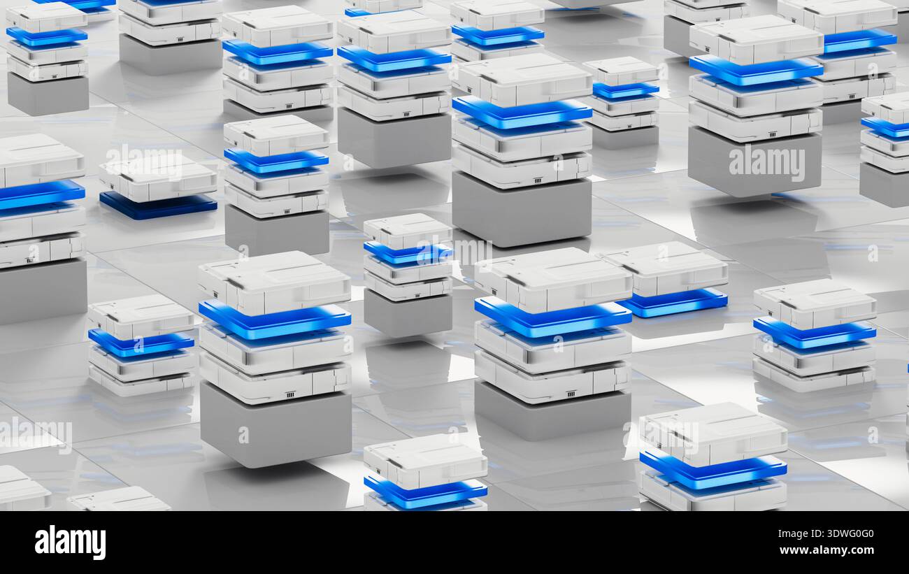 Many data servers are set up in a tech space for artificial intelligence work. They sit on a flat surface with a simple design. Stock Photo