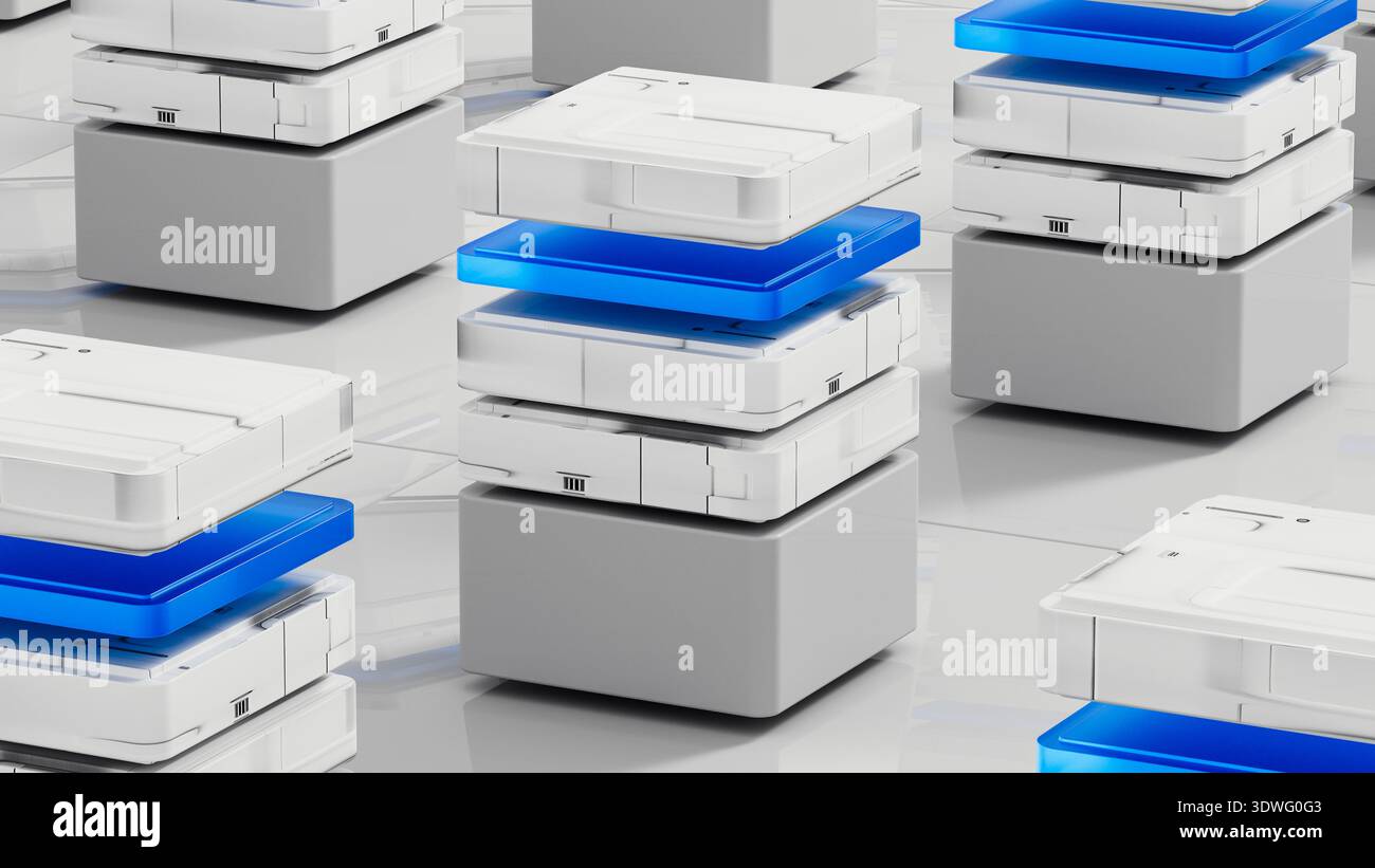 Many data servers are set up in a tech space for artificial intelligence work. They sit on a flat surface with a simple design. Stock Photo
