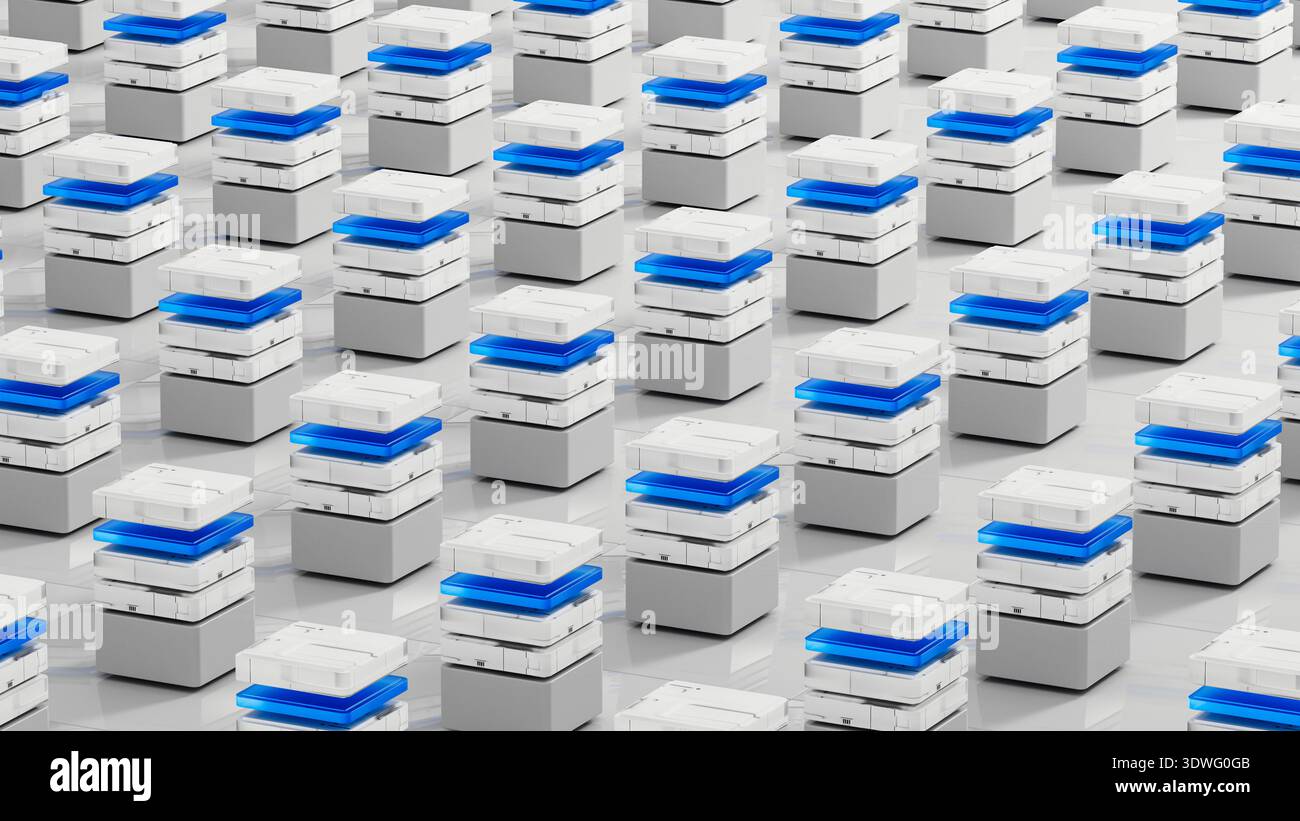 Many data servers are set up in a tech space for artificial intelligence work. They sit on a flat surface with a simple design. Stock Photo