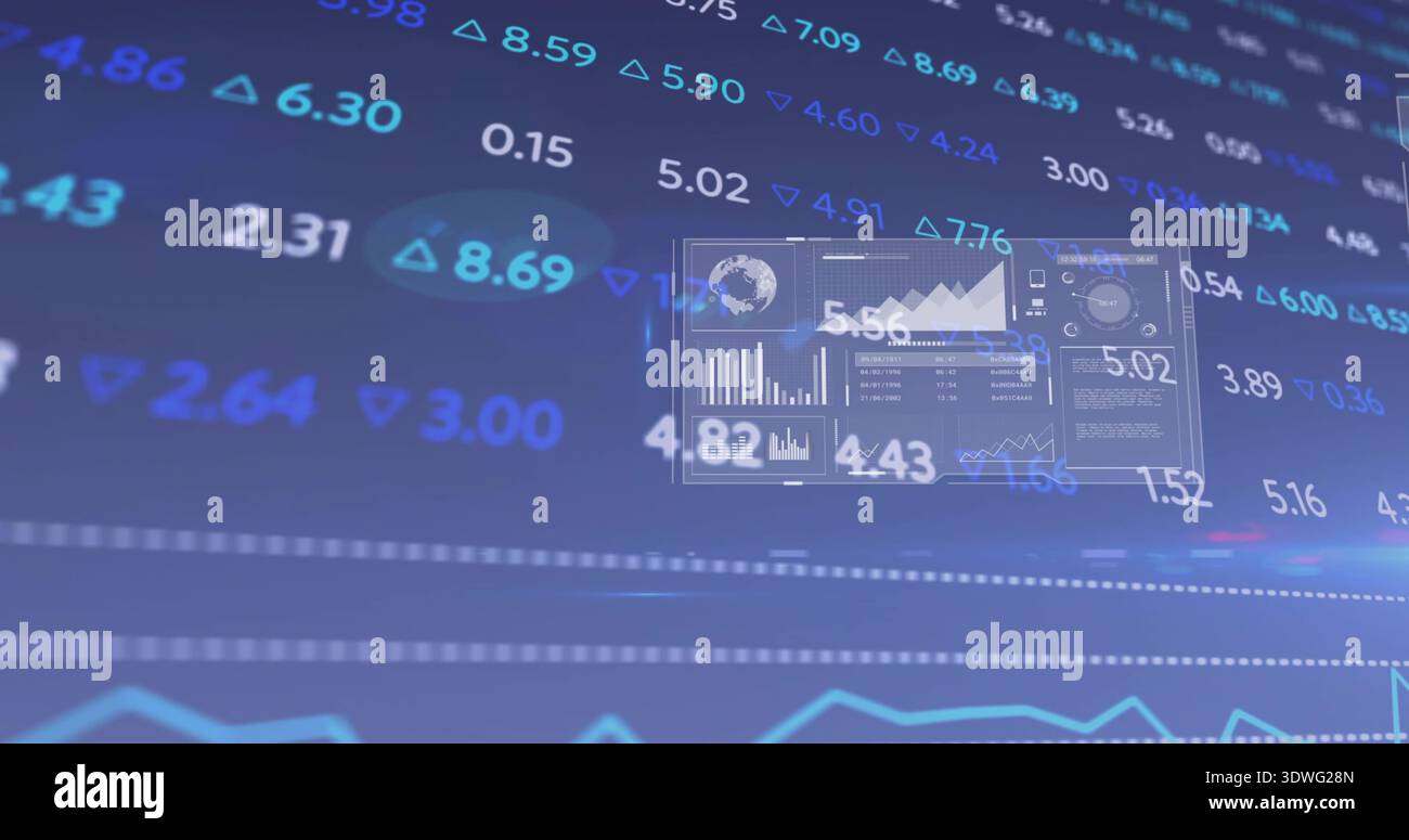 Displaying dashboard panel hovering slightly right at trading platform, with tickers and globe icon Stock Photo