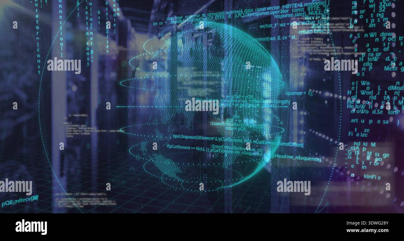 Projecting teal holographic globe with rings above server racks at data center, streaming code Stock Photo