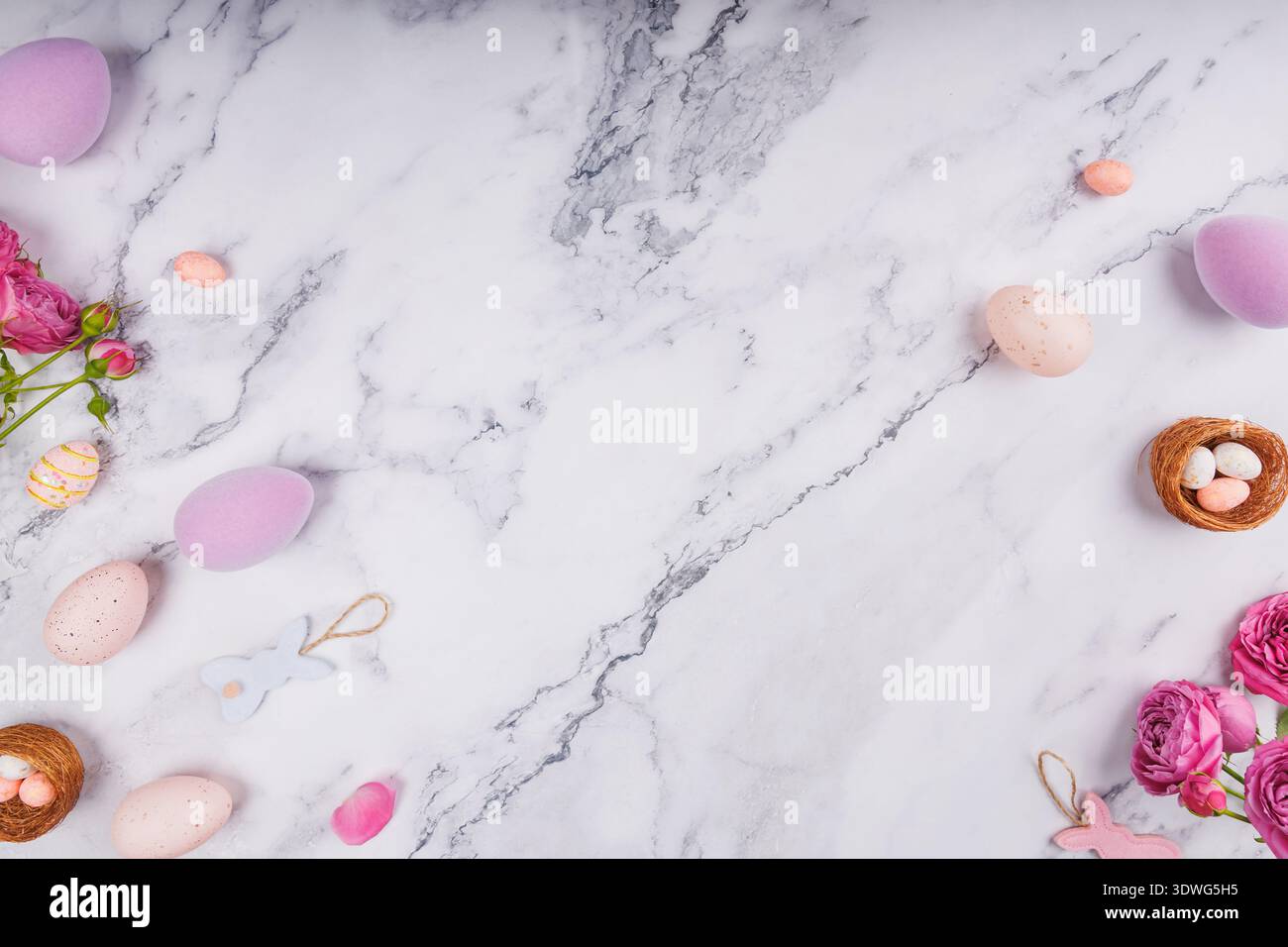 Minimal Easter Layout with Eggs and Roses Stock Photo