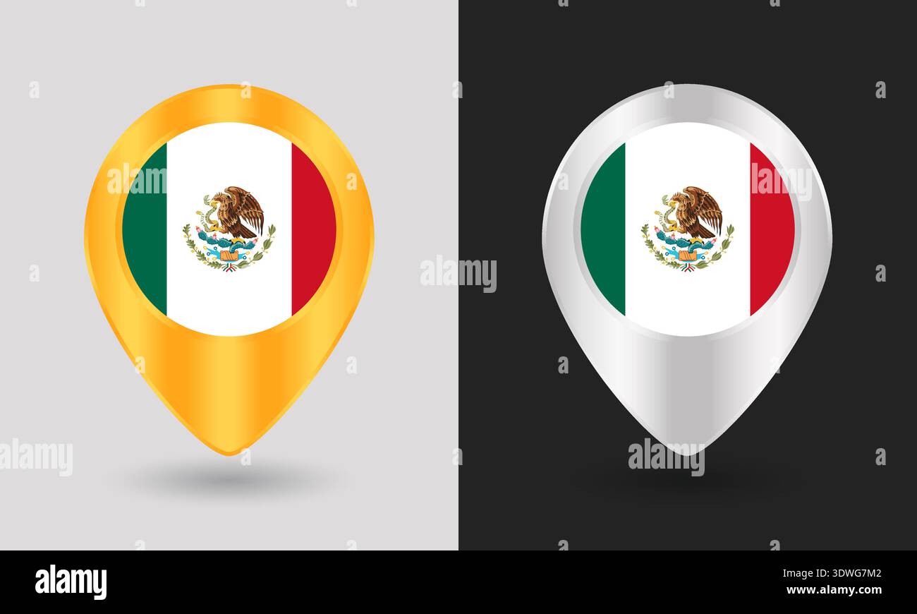 Gold and Silver Mexico Flag Map Pin Icon Stock Vector