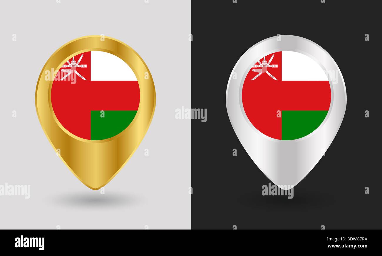 Gold and Silver Oman Flag Map Pin Icon Stock Vector