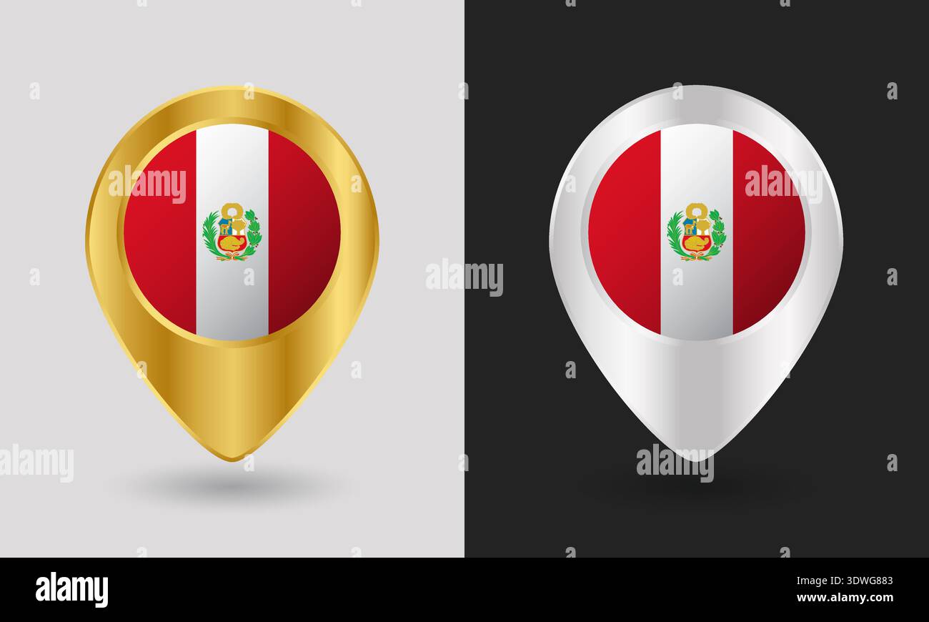 Gold and Silver Peru Flag Map Pin Icon Stock Vector