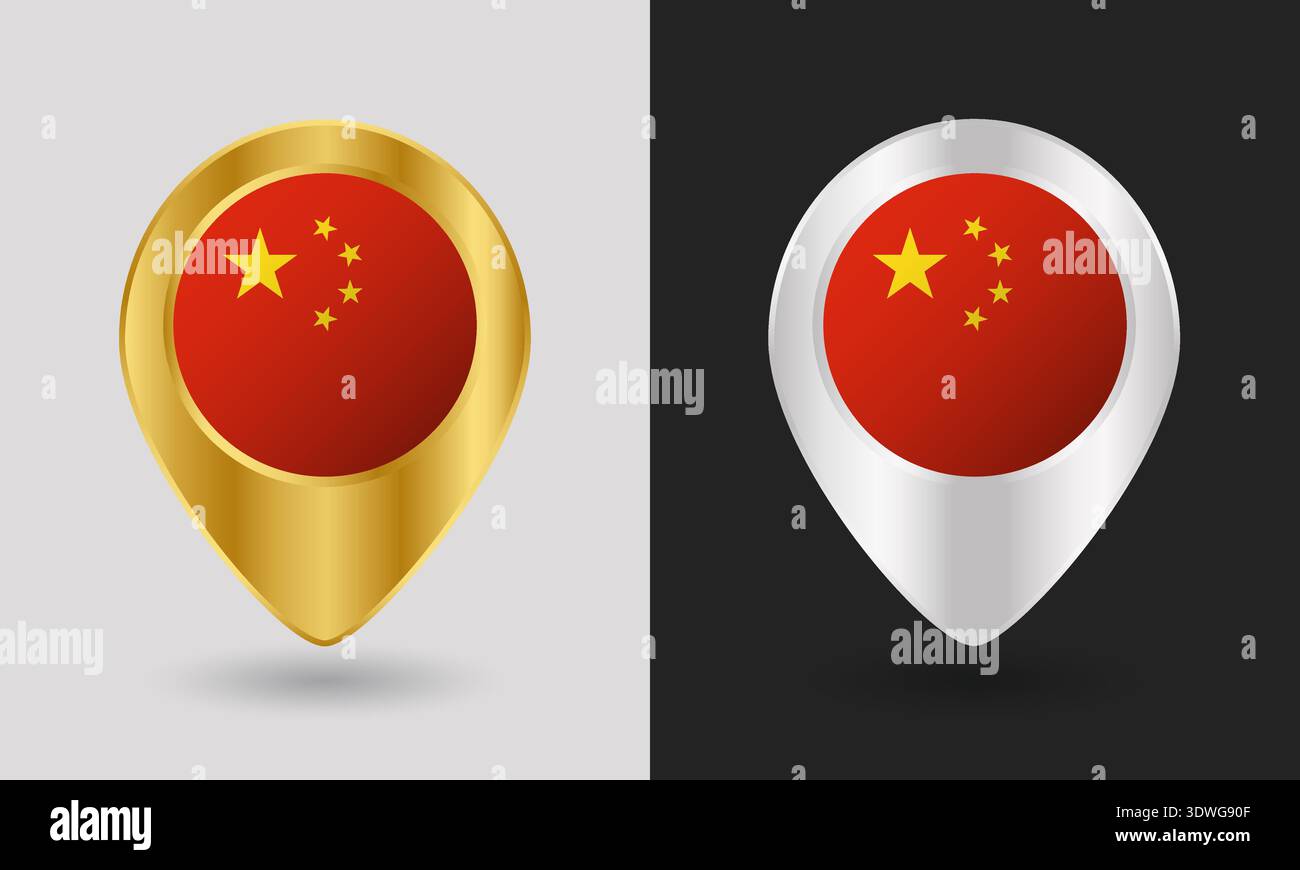Gold and Silver China Flag Map Pin Icon Stock Vector