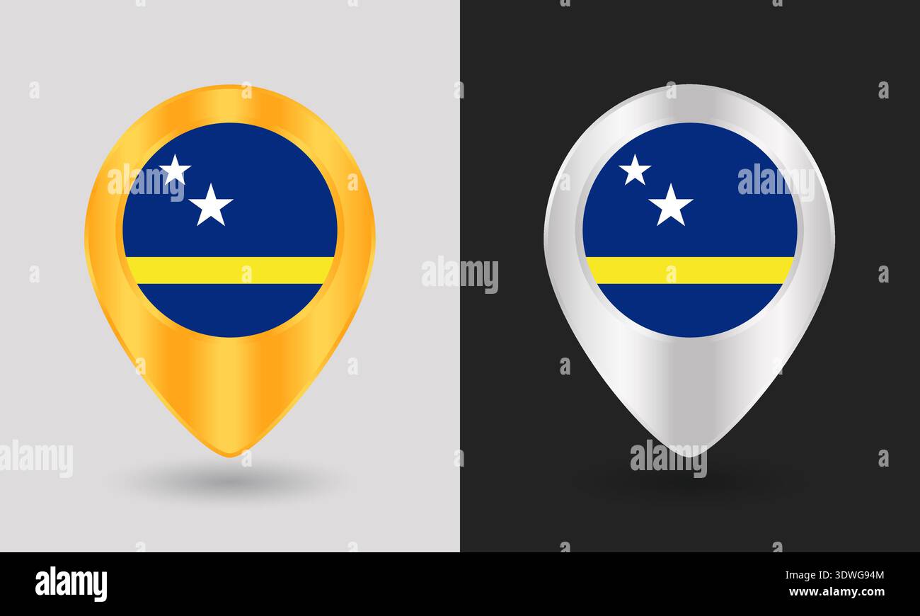 Gold and Silver Curacao Flag Map Pin Icon Stock Vector