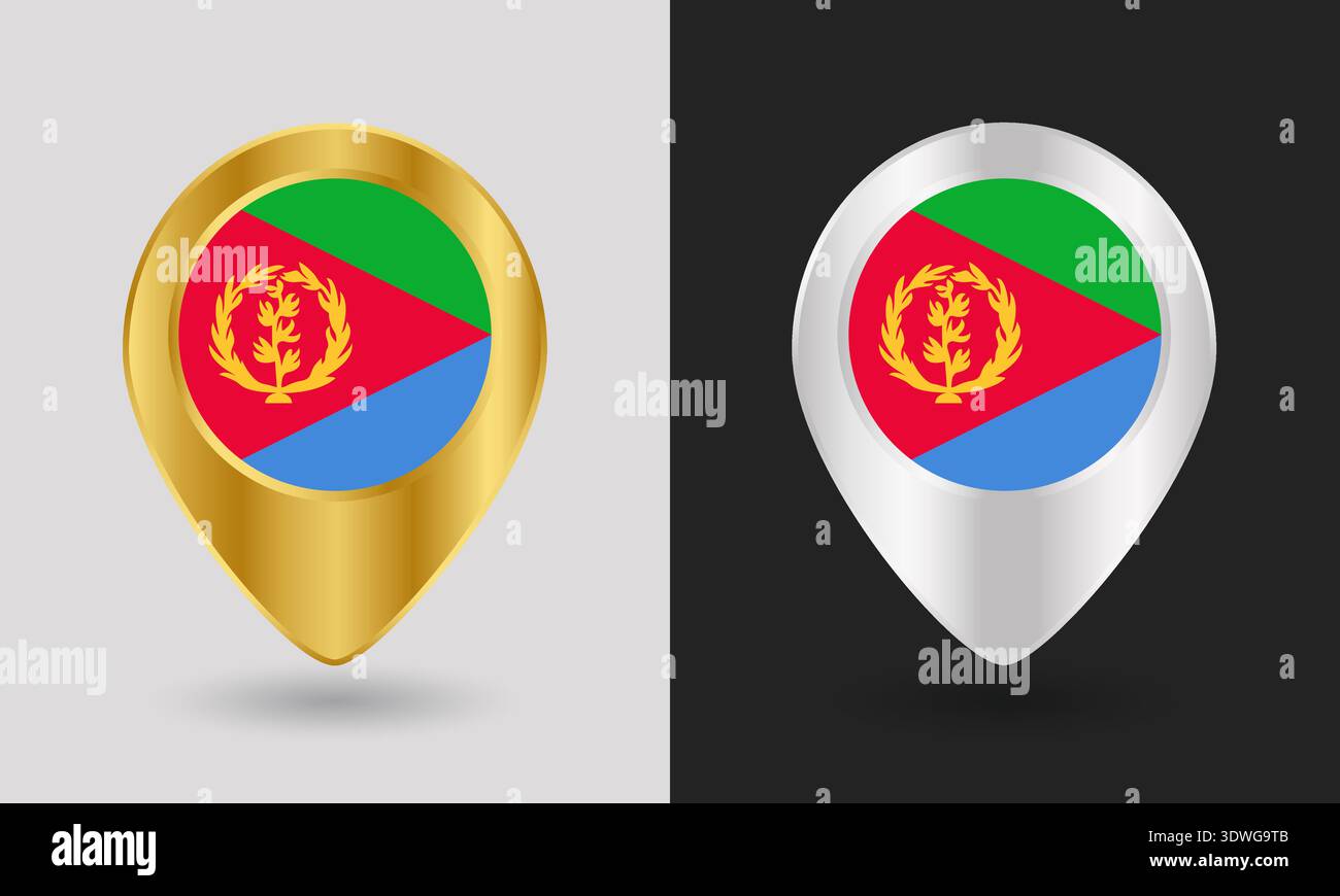 Gold and Silver Eritrea Flag Map Pin Icon Stock Vector