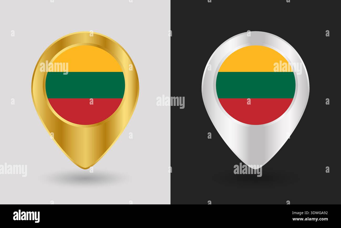 Gold and Silver Lithuania Flag Map Pin Icon Stock Vector