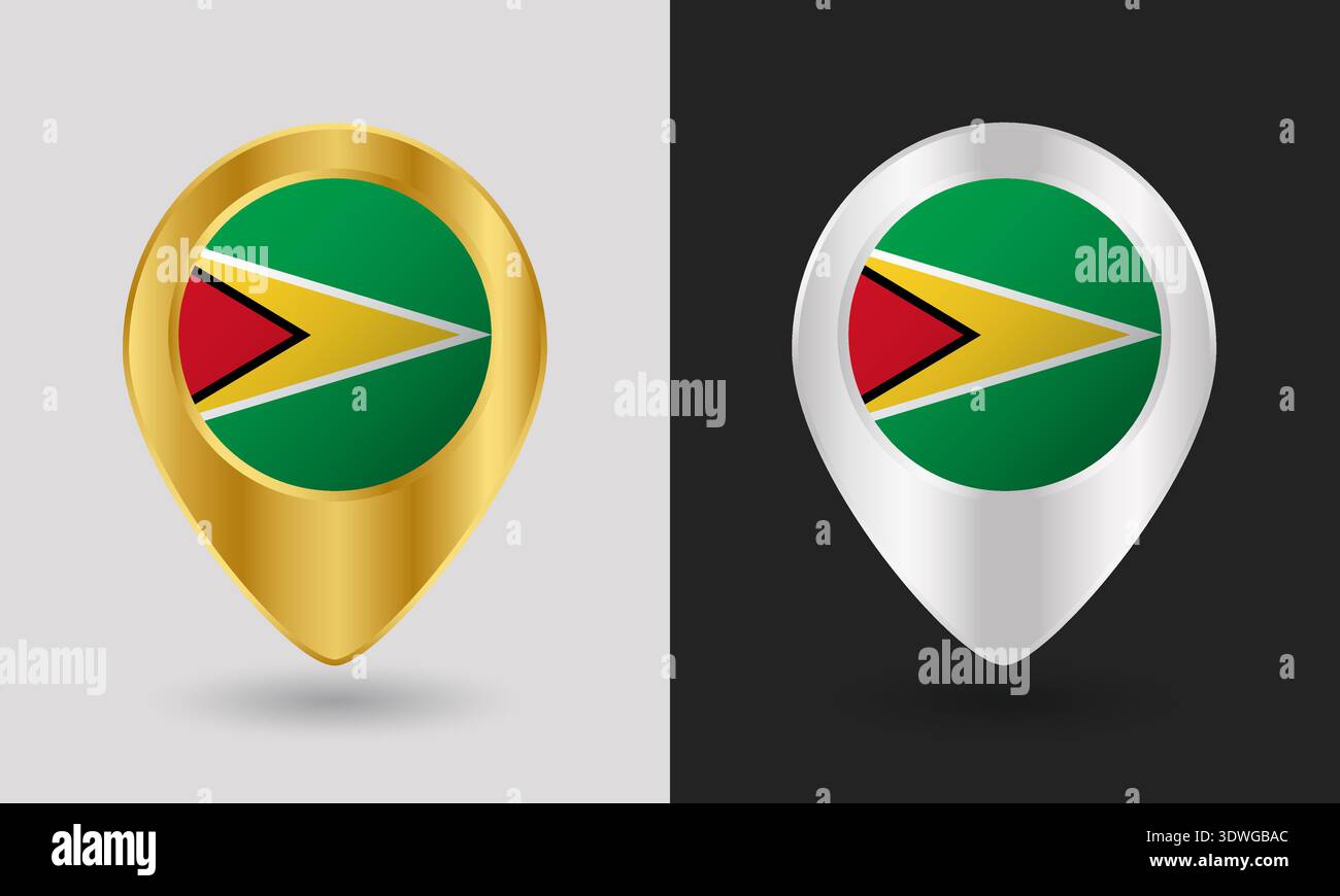 Gold and Silver Guyana Flag Map Pin Icon Stock Vector