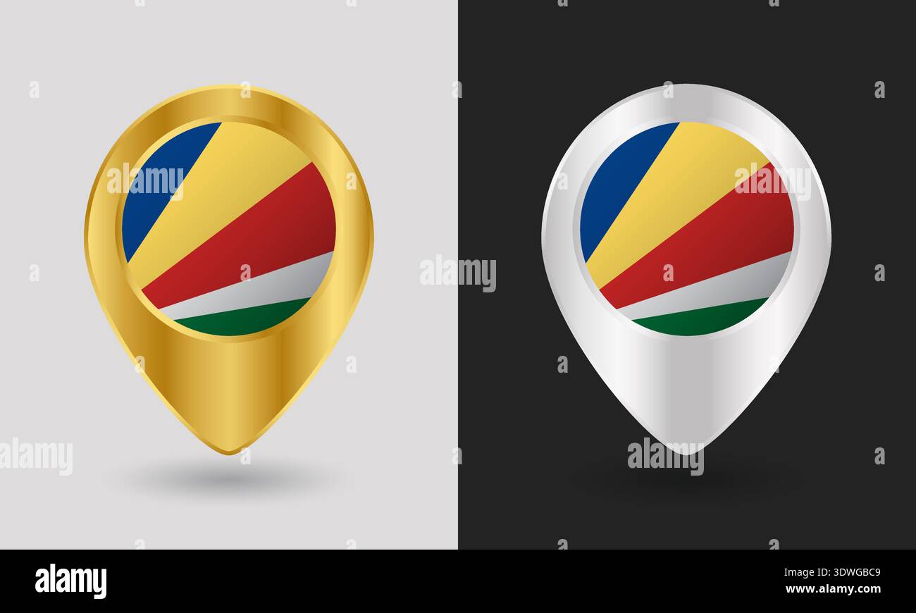 Gold and Silver Seychelles Flag Map Pin Icon Stock Vector