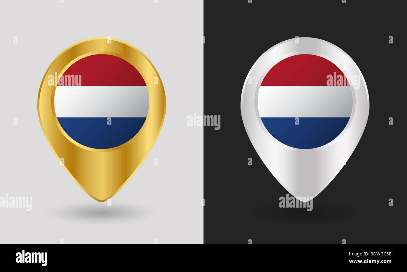 Gold and Silver Netherlands Flag Map Pin Icon Stock Vector
