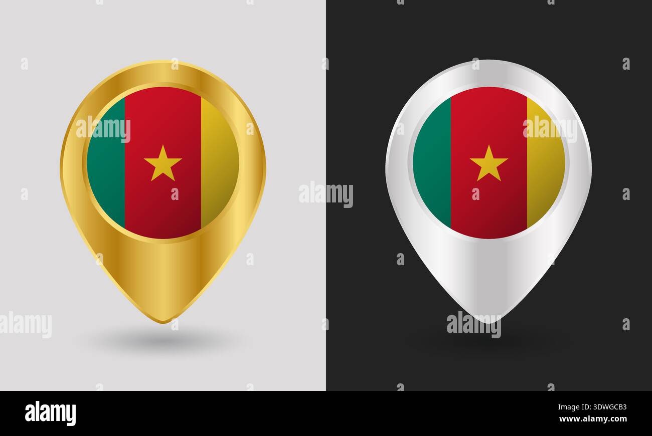 Gold and Silver Cameroon Flag Map Pin Icon Stock Vector
