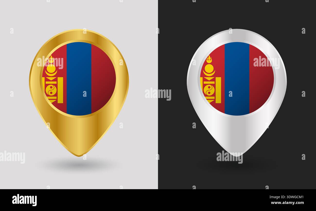 Gold and Silver Mongolia Flag Map Pin Icon Stock Vector