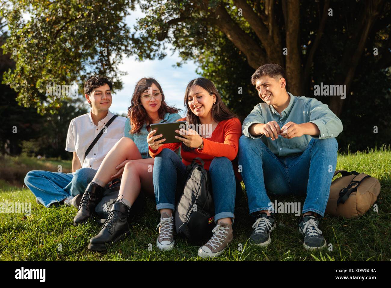 Group of students sitting on grass using tablet outdoors Stock Photo