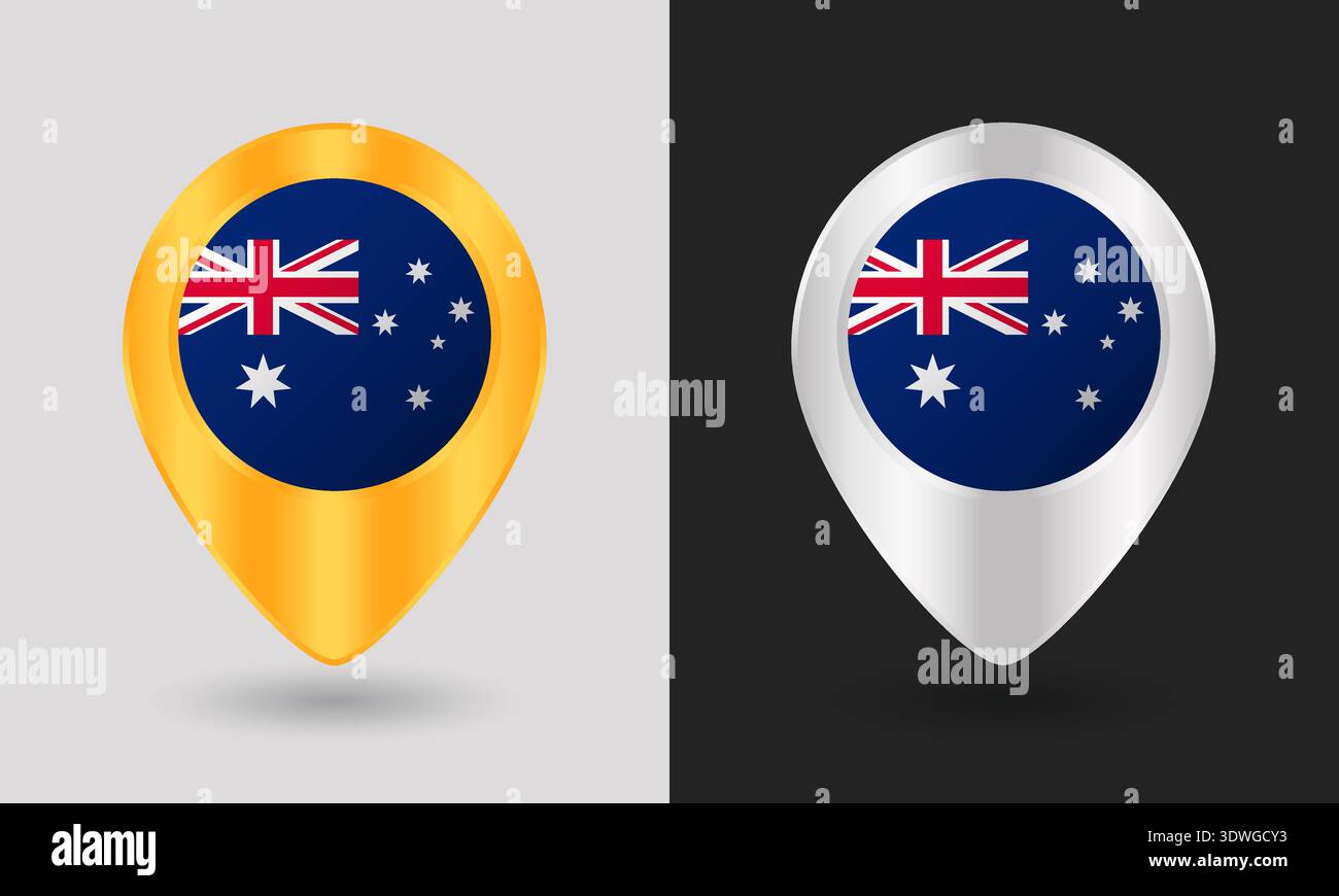 Gold and Silver Australia Flag Map Pin Icon Stock Vector