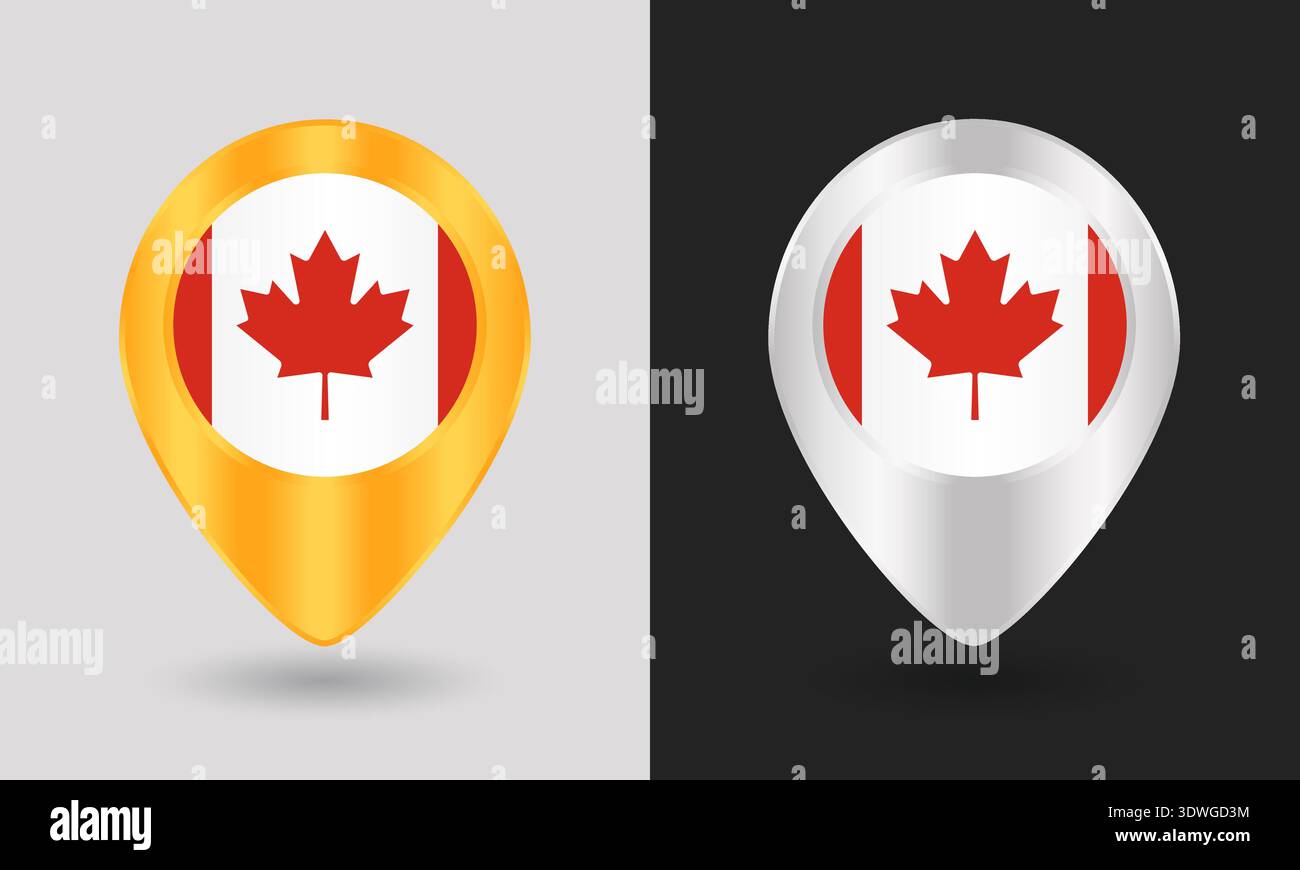 Gold and Silver Canada Flag Map Pin Icon Stock Vector