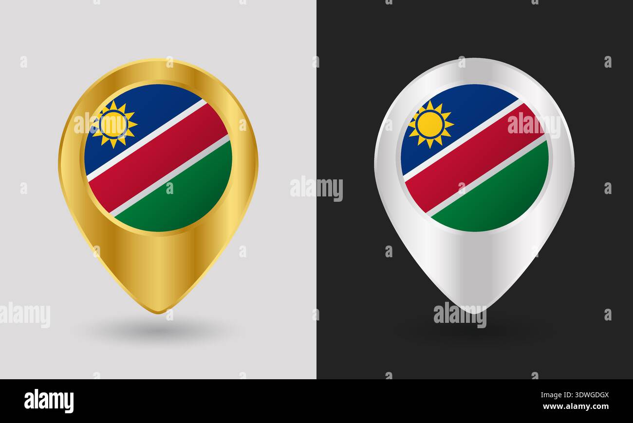 Gold and Silver Namibia Flag Map Pin Icon Stock Vector