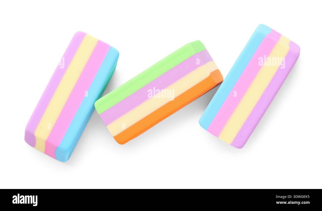 Colorful rubber erasers on white background Stock Photo