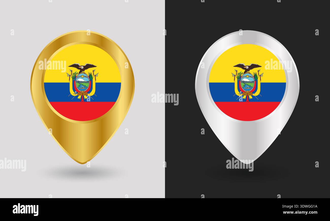 Gold and Silver Ecuador Flag Map Pin Icon Stock Vector