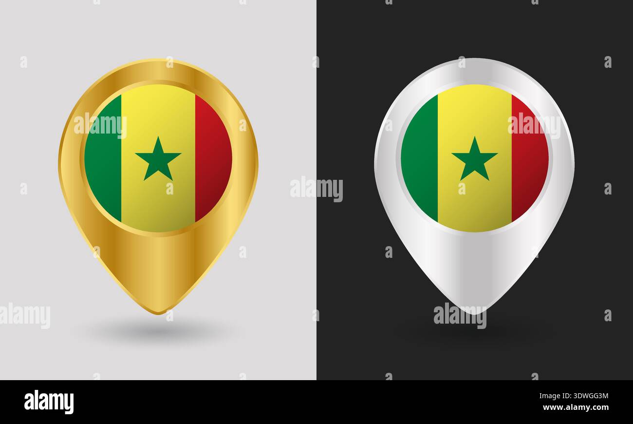Gold and Silver Senegal Flag Map Pin Icon Stock Vector