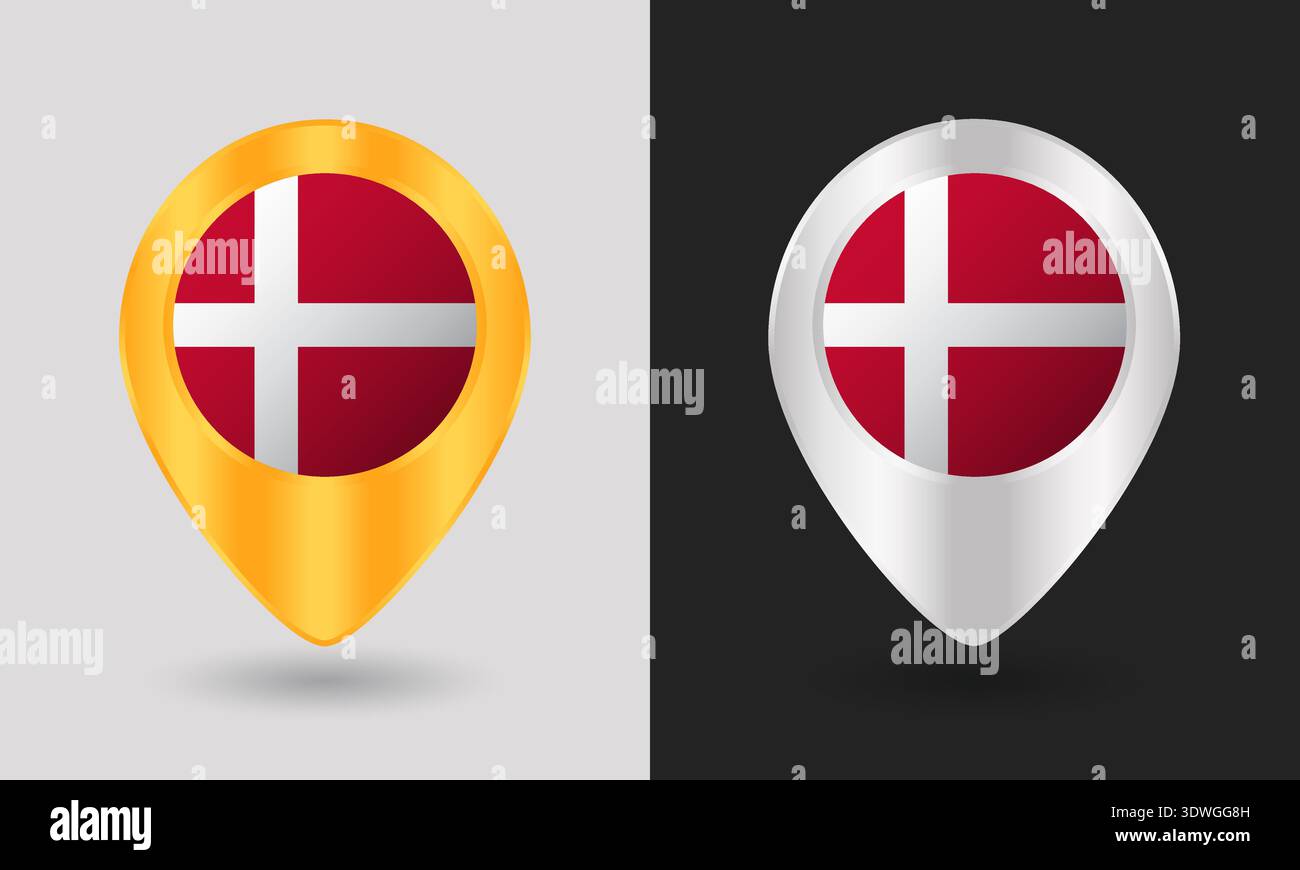Gold and Silver Denmark Flag Map Pin Icon Stock Vector