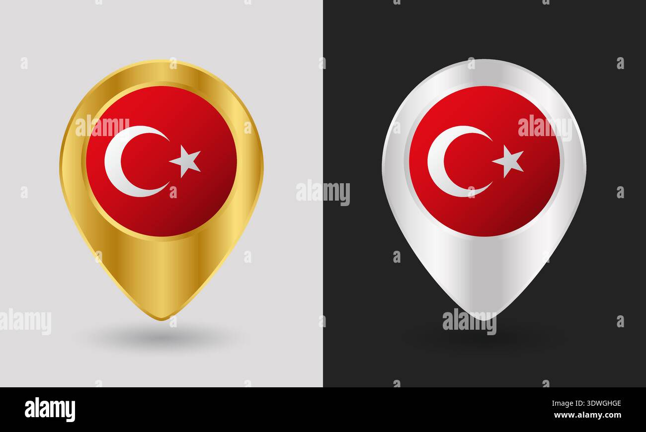 Gold and Silver Turkey Flag Map Pin Icon Stock Vector