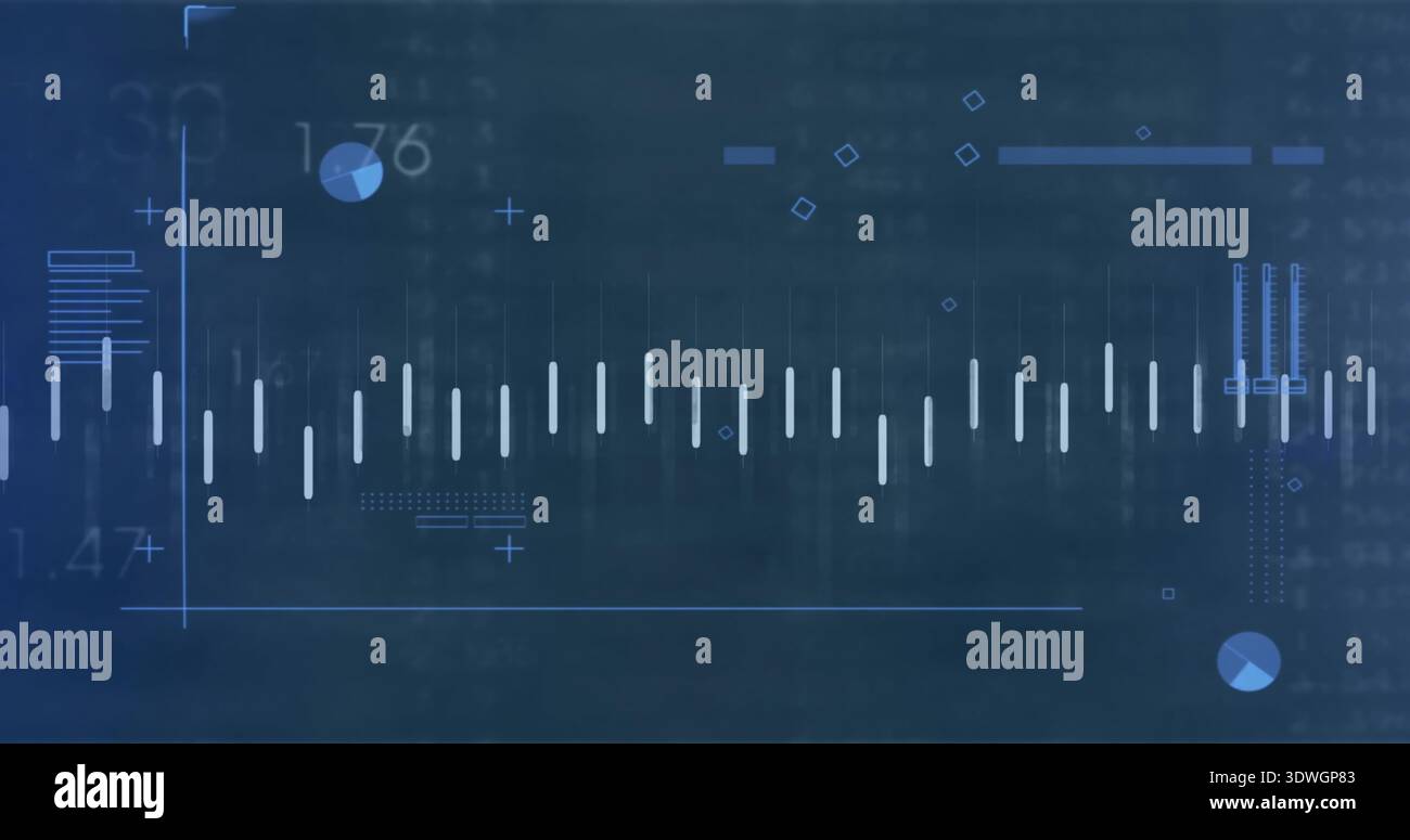 Displaying central horizontal waveform on blue HUD, showing baseline, white bars, axis lines Stock Photo